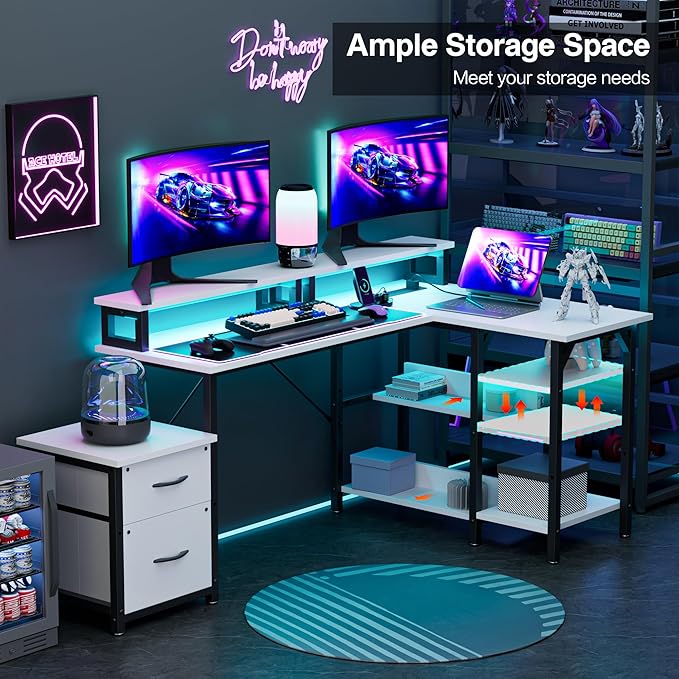 YOUNGAR Office Desk L Shape with File Drawers&Power Outlet, 69.3 Inch Reversible L Shaped Computer Desks,Corner L Shape or Long Desk Set up, Monitor Stand &Storage Shelves,LED Lights&CPU Stand,White