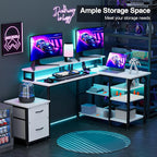 YOUNGAR Office Desk L Shape with File Drawers&Power Outlet, 69.3 Inch Reversible L Shaped Computer Desks,Corner L Shape or Long Desk Set up, Monitor Stand &Storage Shelves,LED Lights&CPU Stand,White