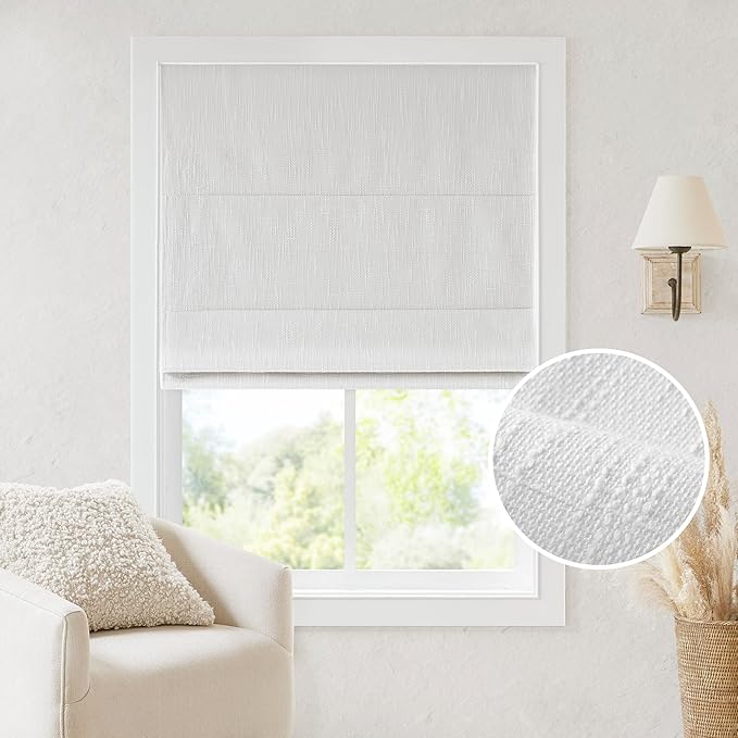 Madison Park Cordless Roman Shades, Total Blackout Window Blind Privacy Window Shades, Thermal Insulated Cordless Window Treatment for Bedroom, Living Room, Quincy, Single Panel 33" W X 64" H White