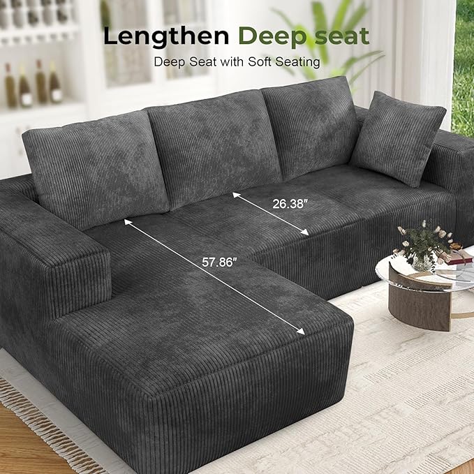 108” Cloud Sectional Couch, Modular Sectional Sofa with Deep Seat, Corduroy Boneless Couches with Chaise for Living Room Bedroom, No Assembly Required