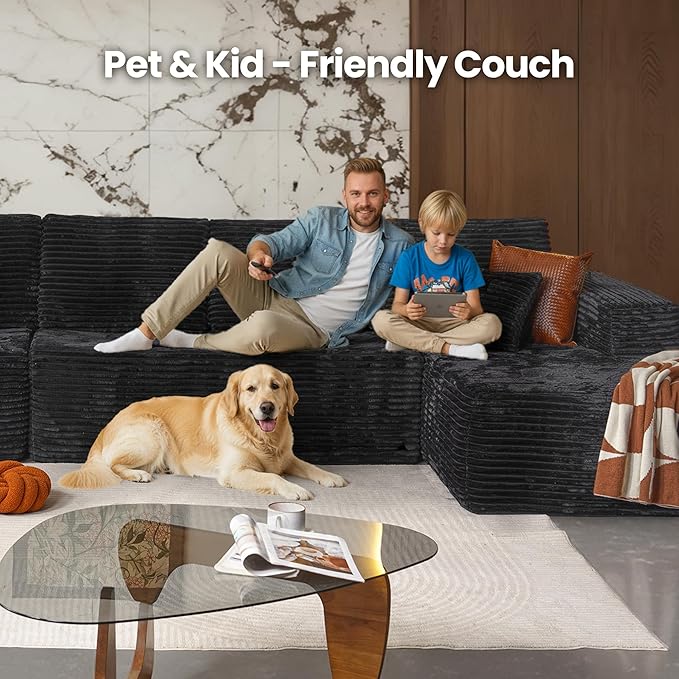 Cloud Sectional Couch with Chaise, Boneless U-Shaped Cloud Couch with Deep Seat, Soft Plush Modern Minimalist Sofa, Assembly Free Modular Floor Sofa for Office Living Room Apartment, Black
