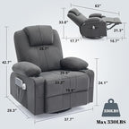 Oversized Swivel Rocker Recliner Chair with Heat and Massage, Large Big Recliner Chair for Living Room, 360 Degree Swivel Rocking Single Sofa with Cup Holders and USB Port(Fabric, Dark Grey)