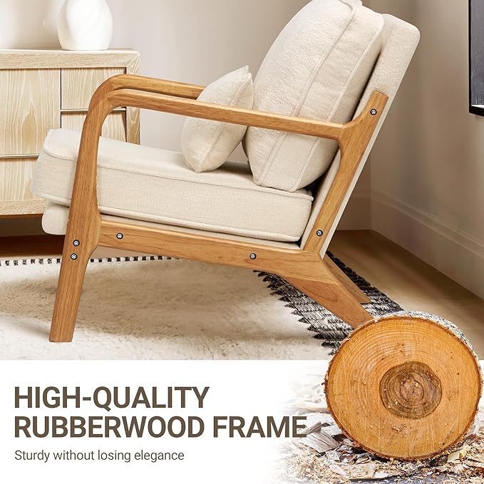 Modern Accent Chair Set of 2 with Lumbar Pillow, Relaxing Mid Century Chair Armchair with Solid Wood Frame & Soft Cushion, Reading Leisure Armchair for Living Room, Beige