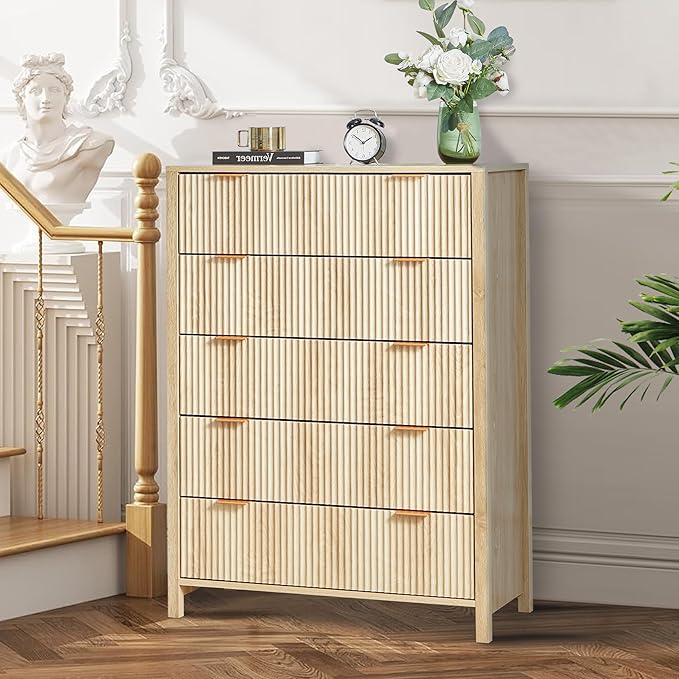 5 Drawer Double Dresser for Bedroom, Modern Wide Chest of Drawers with Fluted Panel Design,Wood Storage Dressers Chest of Drawers for Bedroom Living Room Hallway Closet,Natural,2 Sets