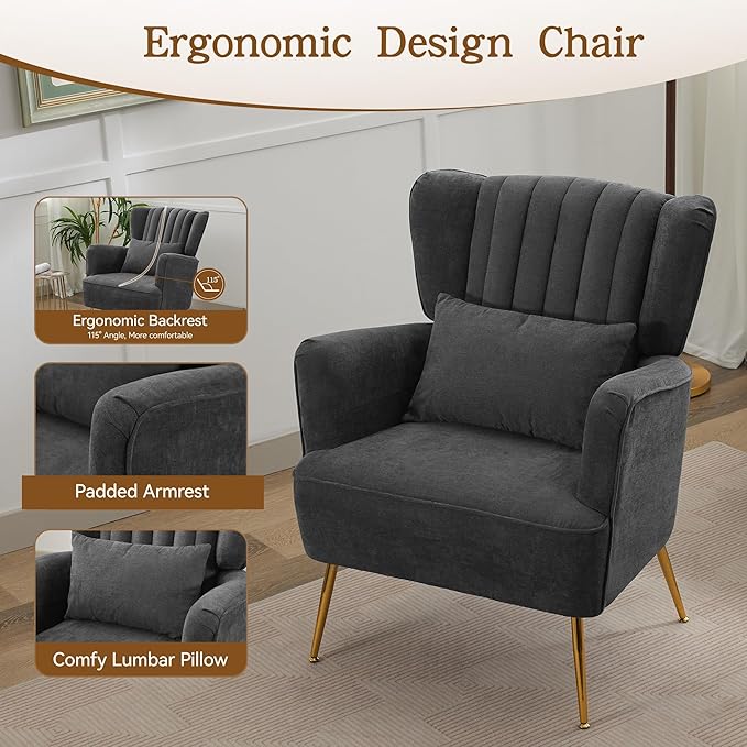 Fabric Accent Living Room Arm Chair Set of 2 Mid Century Modern Chairs with Pillow & Golden Legs, 8.5" Thick Cushion, Upholstered Comfy Sofa Armchair for Reading Room/Bedroom, Grey