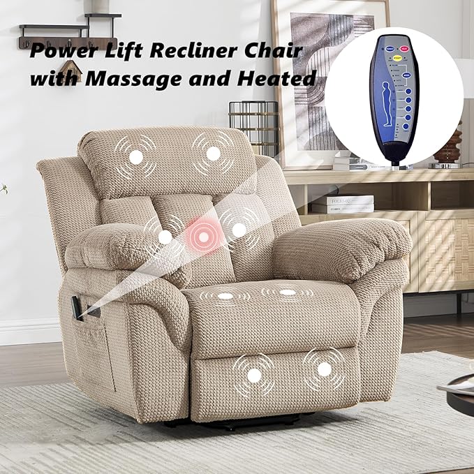 CANMOV Recliner Sofa Set, Oversize Power Lift Recliner Chair and Manual Loveseat with Overstuffed Armrest for Living Room,Bedroom Furniture,Office,1+2 Seat Light Brown