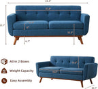 Tbfit Loveseat Sofa, 65" W Mid Century Modern Love Seat Small Loveseat for Bedroom, Button Tufted Upholstered Small Couch Sofa for Living Room, Blue