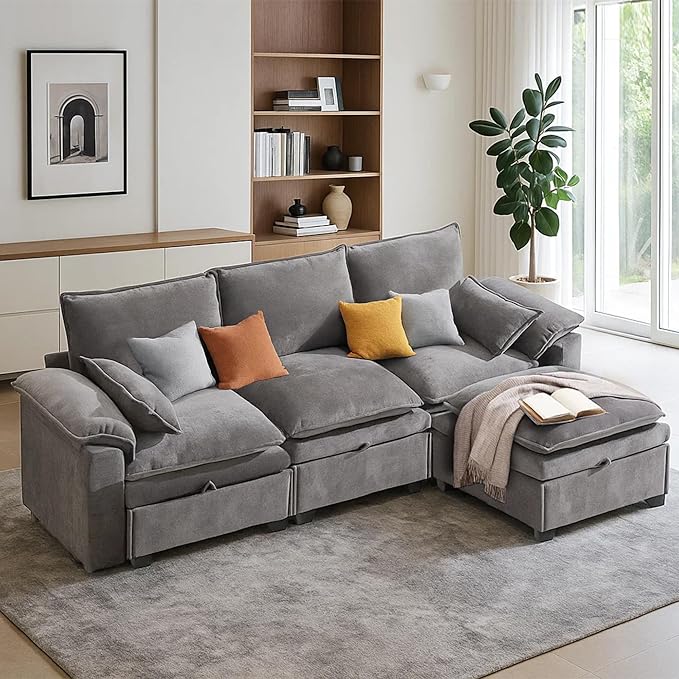 100" L Shaped Modular Sectional Sofa, Couch with Ottoman Storage, Chenille Cloud Couch with Plush Deep Seating for Living Room, Bedroom (Light Grey, 4 Seat)