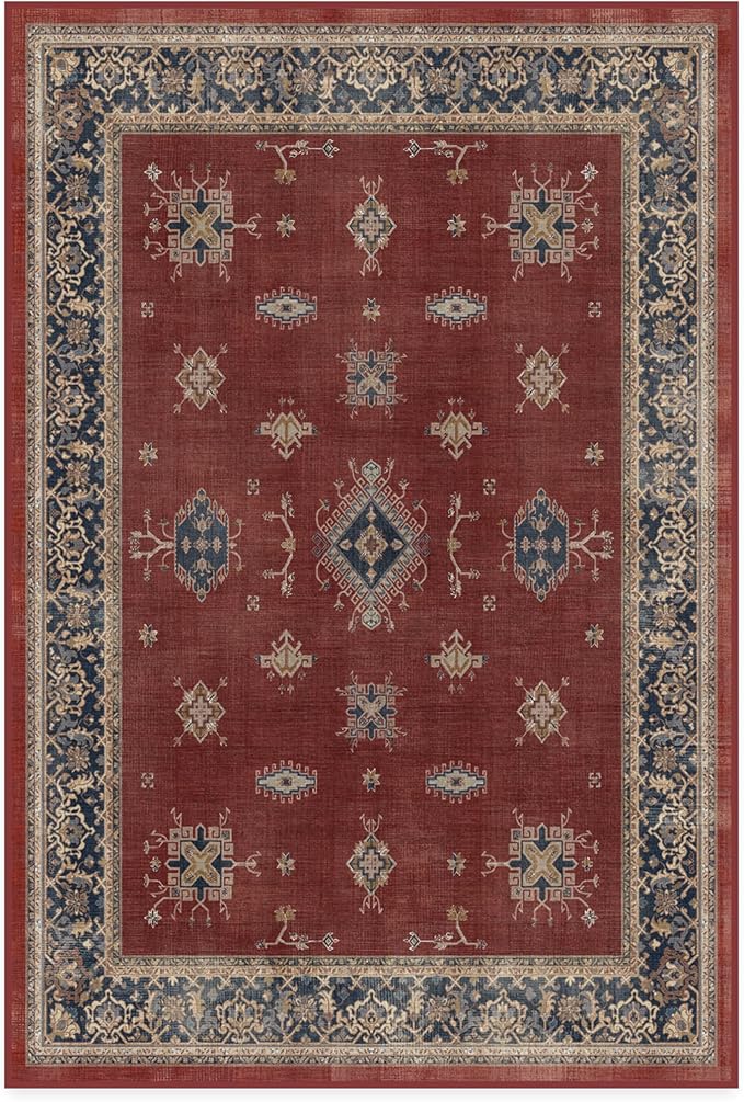 RUGGABLE Washable Vintage Area Rug – Verena Amber Red 4x6, Stain-Resistant, Non-Slip – Medium Machine Washable Rugs for Living Room, Bedroom, Hallway, Entryway & Office–with Standard Pad