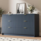 6 Drawer Dresser for Bedroom, 55" Wide Modern Chest of Drawers with Gold Metal Handles, Fluted Wood TV Stand for Living Room, Hallway(Navy Blue)
