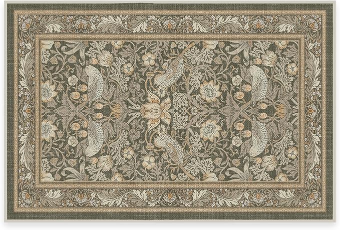 RUGGABLE x Morris & Co Machine Washable Area Rug – Strawberry Thief Stone Gold 2x3, Stain-Resistant, Non-Slip – Small Rugs for Living Room, Bedroom, Hallway, Entryway & Bathroom–with Cushioned Pad