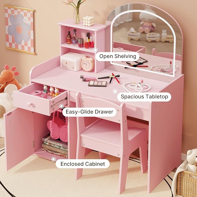 Gizoon Kids Vanity Desk with Mirror and Lights, Todder Vanity Table and Chair Set with 2 Tier Open Shelves Drawer and Cabinet, Kids Makeup Vanity for Little Girl, Pink
