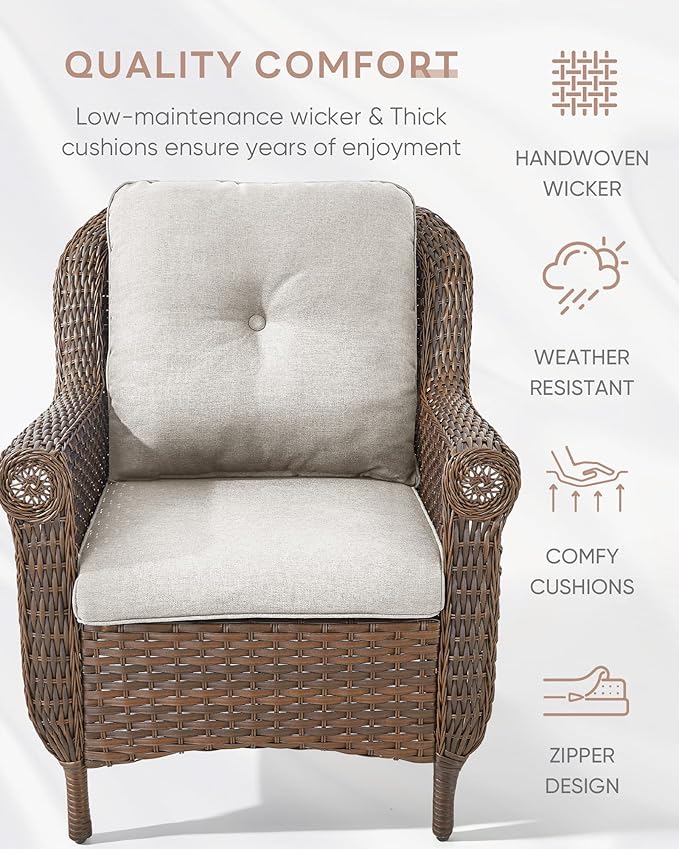 Patio Wicker Chairs Outdoor Furniture Chair - Set of 2 Outside All Weather Lawn Dining Brown Rattan Armchair with High Back&Deep Seating for Deck Porch Balcony Backyard Garden - Beige