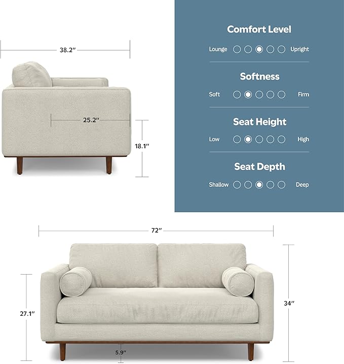 SIMPLIHOME Morrison 72-inch Wide Sofa in Cream White Woven-Blend Fabric, Handcrafted Mid-Century Modern Loveseat for Living Room or Family Room, Single Bench Cushion, Bolster Pillows