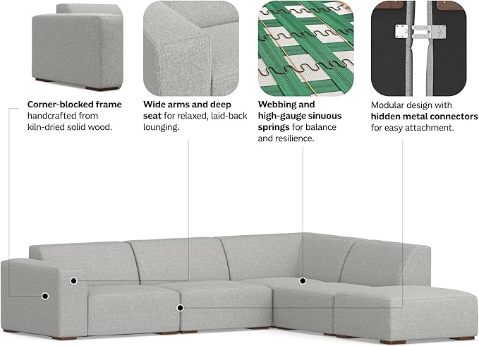 SIMPLIHOME Rex Right Corner Sectional Modular Sofa and Ottoman Set in 100% Recycled Polyester Tightly Woven Performance Fabric, Pale Grey, 116-inch-wide L-Shaped Sofa and 34-inch-Wide Ottoman