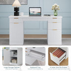 FURSUN 58" Fluted Modern Desk with Storage, Home Office Desk with 1 File Cabinet & 5 Drawers, Wood Executive Computer Writing Desk for Study, Living Room, Bedroom, White