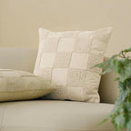 Double Stitch Checkered Throw Pillow Covers - 100% Cotton Set of 2 Tufted Boho Decorative Pillow Covers 20x20, Made in India, Square Cushion Case, Modern Home Decor for Couch, Sofa, Living Room, Beige
