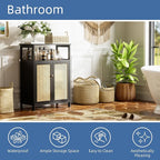 HITNET Bamboo Floor Cabinet, Bathroom Storage Cabinet with 2 Rattan Doors and Shelves, Space Saving Freestanding Kitchen Cupboard, Black
