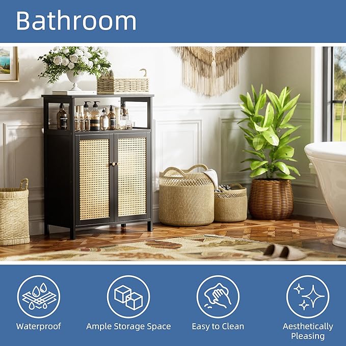 HITNET Bamboo Floor Cabinet, Bathroom Storage Cabinet with 2 Rattan Doors and Shelves, Space Saving Freestanding Kitchen Cupboard, Black