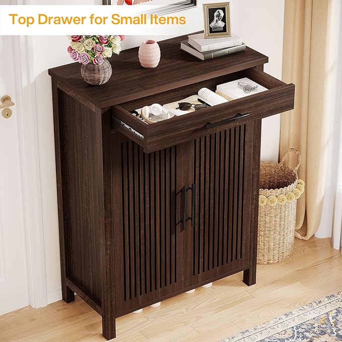 Tribesigns Shoe Cabinet, 5-Tier Shoe Storage Cabinet with Louvered Doors and Drawer, Freestanding Wooden Shoe Rack Organizer with Adjustable Shelves for Entryway, Hallway, Closet, Black Walnut