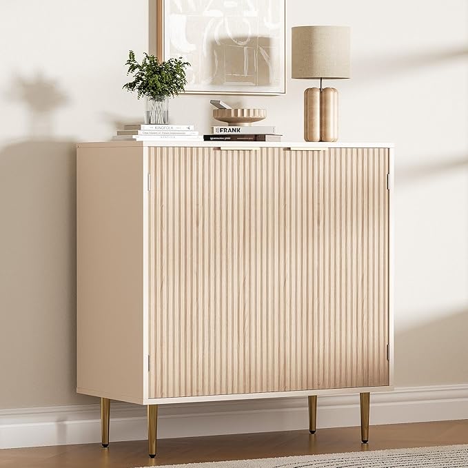 Buffet Sideboard Cabinet with 2 Doors, Kitchen Cabinet with Golden Handles & Legs, Modern Accent Storage Cabinet with Adjustable Shelf, Coffee Bar for Kitchen, Living Room, Oak