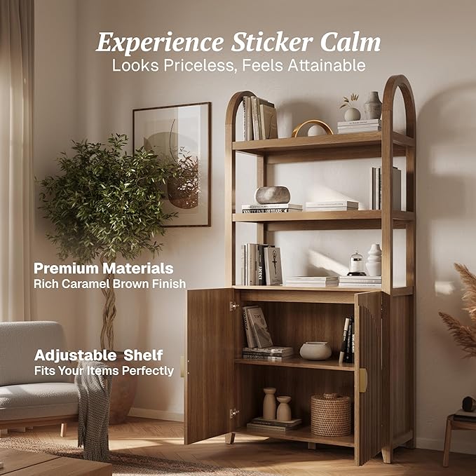 BELLEZE Book Shelf 72" Tall Arched Bookcase with Storage, 5 Tier Mid Century Modern Fluted Bookshelf with Doors, Modular Bookshelves for Living Room Office Library, Set of 3 (Caramel Brown)