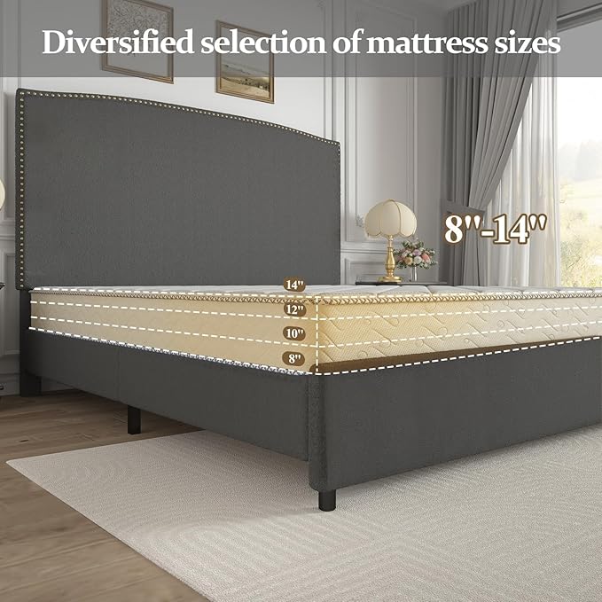 Queen Size Upholstered Platform Bed Frame with 56" Headboard, Soft Boucle Fabric, Mid-Century Modern Design, No Box Spring Required, Easy Assembly, Grey