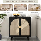 Black Rattan Cabinet-2-Doors,Sideboard Buffet Cabinet with Storage-Accent Storage Cabinet with Cane Door, Boho Wood Credenza for Dining Room, Kitchen,Study Room (Black01-2 Door)