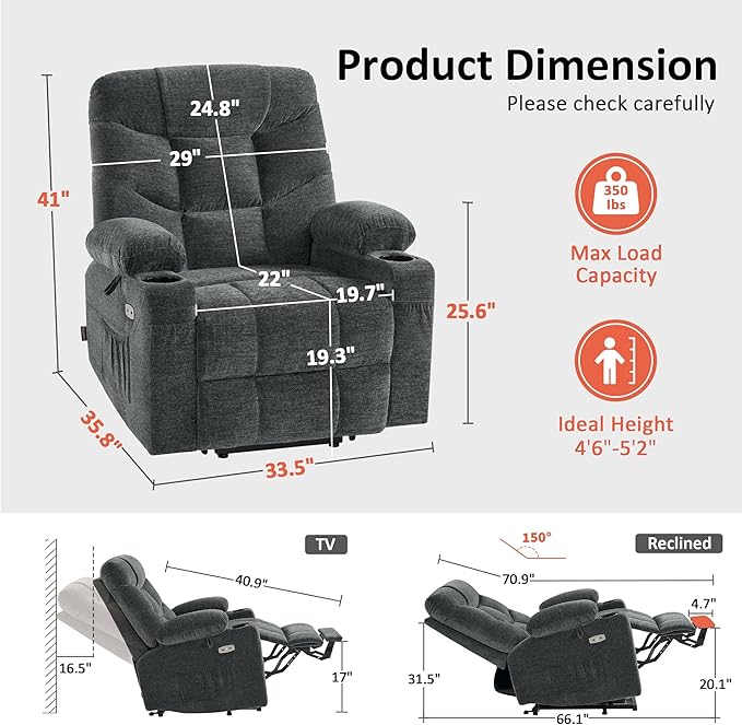 MCombo Power Lift Recliner Chair with Extended Footrest for Elderly People, Fabric 7281 (Dark Gray, Small)