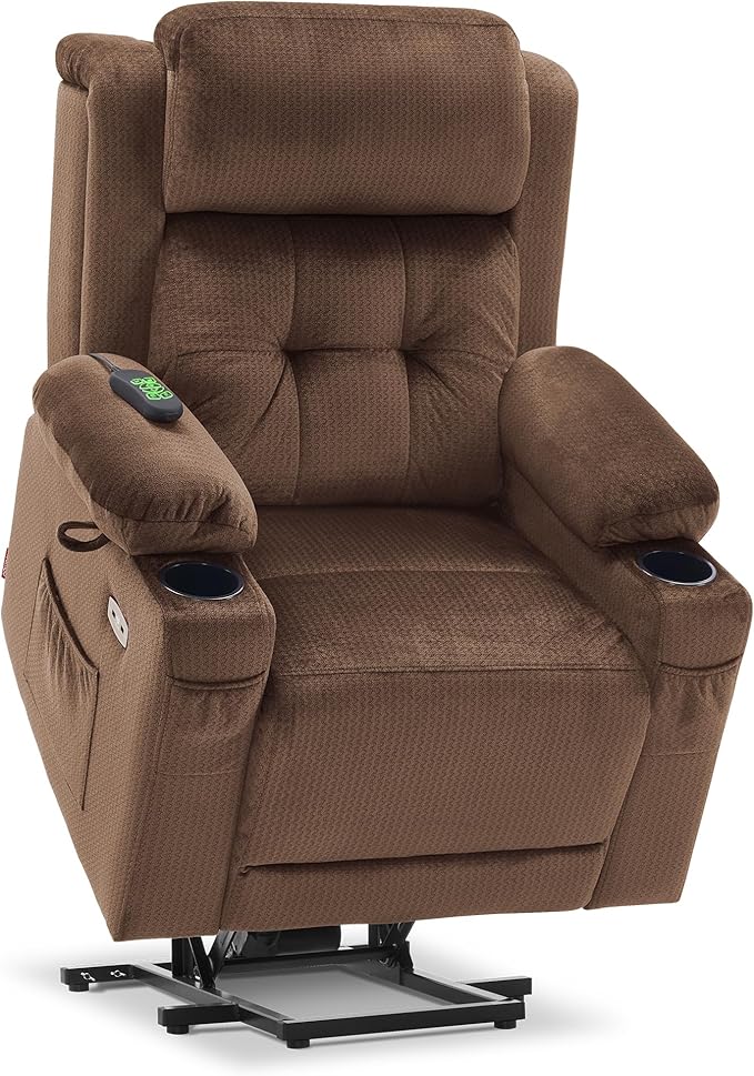 MCombo Medium Triple Motor Power Lift Recliner Chair with Massage and Heat for Elderly People, Adjustable Headrest, Infinite Position, USB Ports, Fabric 7661 (Brown, Medium)