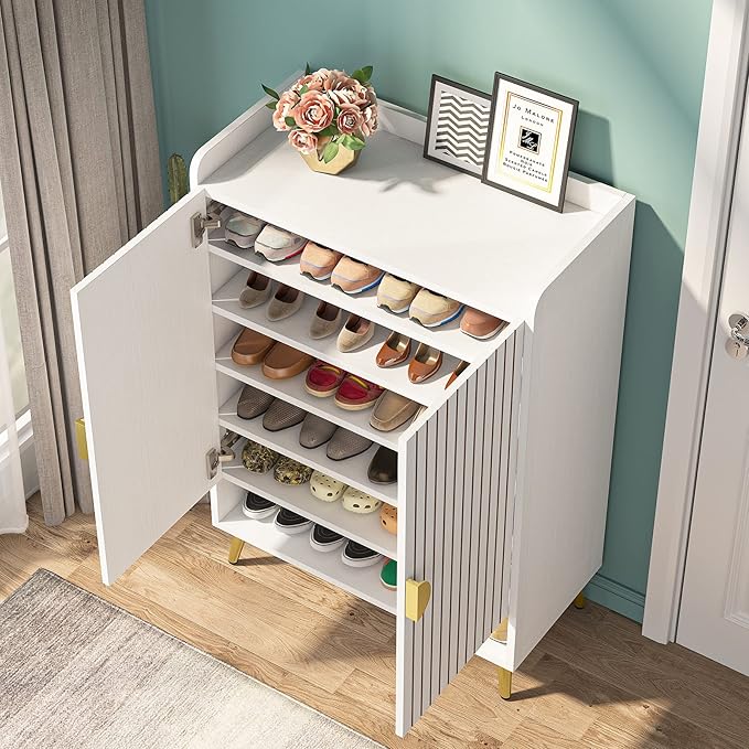 Tribesigns Shoe Cabinet with Doors, 6-Tier Shoe Storage Cabinet with Adjustable Shelves, Wooden Shoes Rack Shoe Storage Organizer for Entryway, Hallway, Closet, Living Room, White & Gold