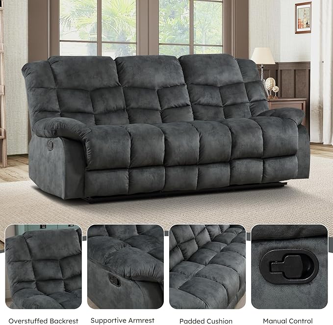 EBELLO Reclining Couch for Living Room, Extra Wide Modern Overstuffed 3 Seat Recliner Manual Sofa Breathable Fabric and Padded Cushion, Grey Green