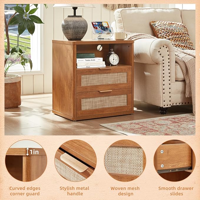 LEYAOYAO Rattan Nightstands Set of 2 with Charger Station, 23" Wide Boho Night Stand with 2 Drawers, Natural Wood Bedside Table Open Shlef, Bed Side End Table Dresser for Bedroom, Living Room Hallway