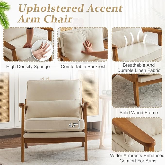 VINGLI Solid Wood Wide Armrests Accent Chair,Upholstered Mid Century Modern Chair with Pillow,Comfy Reading Chair Farmhouse Arm Chair,Chairs Living Room,Bedroom,Guest Room,Linen Fabric,Beige