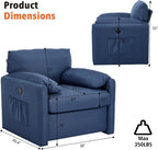 Oversized Accent Chair 38" Wide Mid-Century Modern Armchair for Living Room,USB and Type-C Ports,Comfy Reading Chairs for Bedroom with Side Pockets,Single Sofa Chair (Blue, Set of 1)