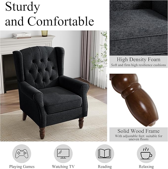 Mid-Century Modern 2-Piece Wingback Chair Set - Plush Upholstered Accent Chairs with Solid Wood Legs, High Back Lounge Seating for Living Room, Bedroom & Office - Retro Matched Pair (Bluish Black)