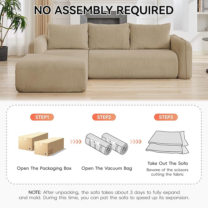 103'' Boneless Corduroy L Shaped Couch, 3 Seat Modular Sectional Deep Seat Sofa with Chaise Lounge, No Assembly Cloud Lounge Sleeper Sofa, Camel