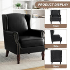 Pia Ricco High Back Floral Accent Chair - Retro Wingback Upholstered Armchair in Faux Leather, Nailhead Trim & Solid Wood Legs for Living Room Bedroom Reading Chair（Black