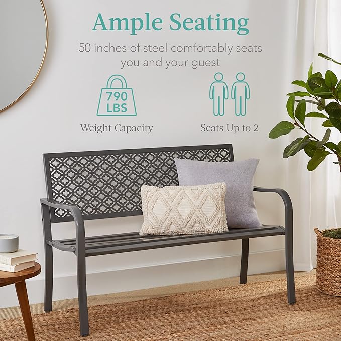 Best Choice Products Outdoor Bench 2-Person Metal Steel Benches Furniture for Garden, Patio, Porch, Entryway w/Geometric Backrest, 790lb Capacity – Gray