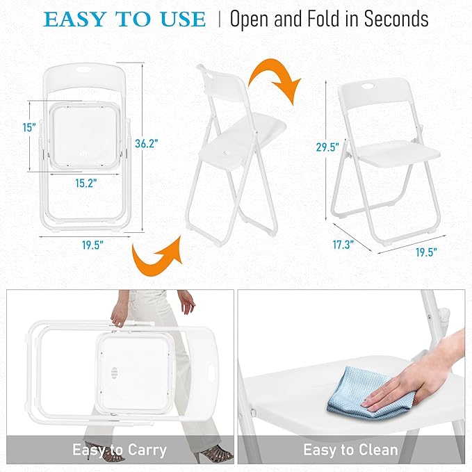 20 Pack White Plastic Folding Chairs, Indoor Outdoor Portable Stackable Commercial Seats with Steel Frame for Home Office Wedding Party Events Kitchen Dining, 350lb Capacity