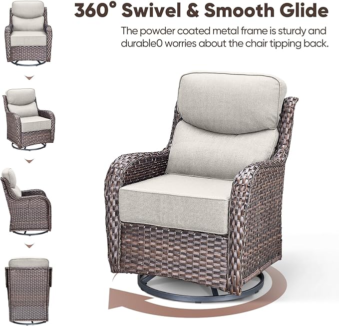 Swivel Patio Chairs Set of 2 with 6" Thick Cushion - Wicker Outdoor Swivel Rocker Patio Chair, High Back Comfortable Outdoor Glider Chairs 360° Rotation Glider Brown Wicker-Beige Cushion