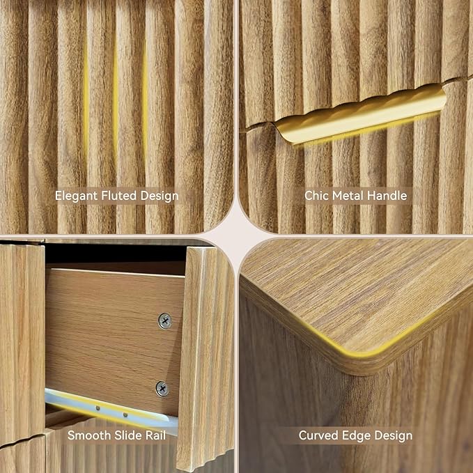 CARPETNAL Fluted 6 Drawer Dresser for Bedroom, 55" Wide Wooden Chest of Drawers with Rounded Corners, Gold Handles, Modern Storage Organizer for Bedroom, Hallway(Oak)
