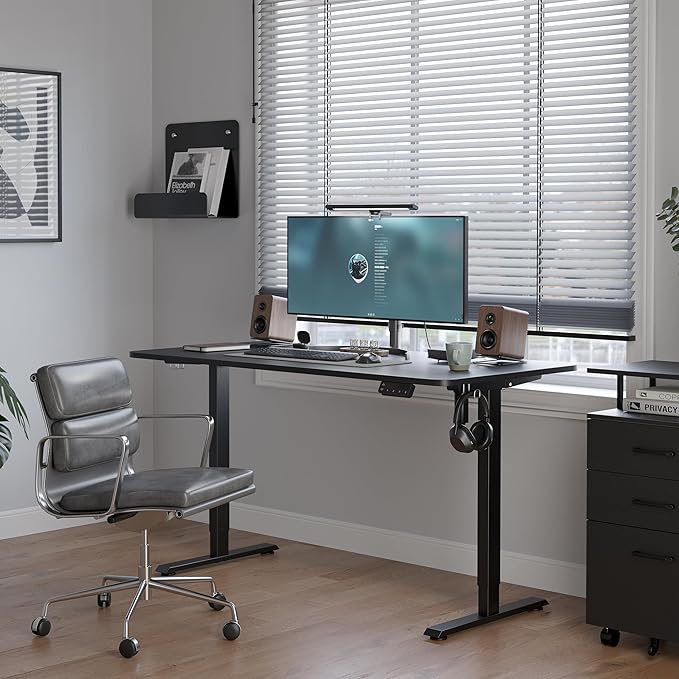 FEZIBO One-Piece Standing Desk Adjustable Height Stand up Home Office Desk, 55x24 Inch Electric Standing Computer Desk, with 4 Memory Presets, Headphone Hook, Black