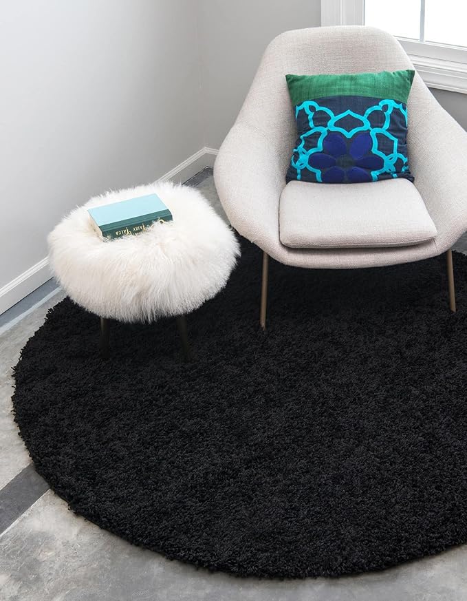 Unique Loom Solid Shag Collection Area Rug (7' 1" Round, Jet Black)
