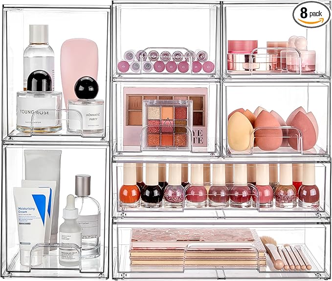 Vtopmart Stackable Storage Drawers Set of 8, Clear Plastic Organizer Bins for Bathroom Supplies,Ideal for Cabinet,Pantry,Laundry Room Organization
