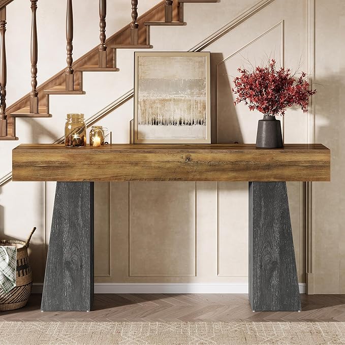 Tribesigns Farmhouse Entryway Table, 63-Inch Long Wooden Sofa Console Table, Rustic Console Behind Couch with Double Trapezoid Bases for Entrance Living Room Hallway