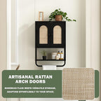 RUSTOWN Rattan Bathroom Wall Cabinet, Boho Over The Toilet Storage Cabinet with Arched Rattan Doors, Modern Medicine Cabinet with Adjustable Shelves & Towel Bar (Black, Small)