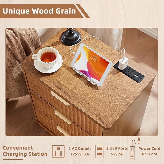 LEYAOYAO Fluted Nightstand Set of 2 with Charging Station,23" Modern Nightstand with Woodgrain Top, 3 Drawer End Table w/Storage, BedsideTables for Bedroom, Living Room, Curved Profile,Brown