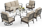 6 Piece Metal Outdoor Patio Furniture Set, Patio Conversation Set with 3-Seater Couch, 2 Fixed Sofa, 2 Swivel Sofa (5.75" Thick Cushion) & Coffee Table Black Backyard Furniture, Beige