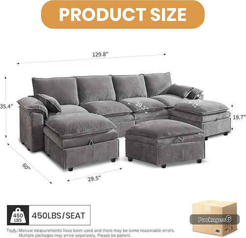 130" U Shaped Modular Sectional Sofa, Couch with Ottoman Storage, Chenille Cloud Couch with Plush Deep Seating for Living Room, Bedroom (7 Seat, Light Grey)